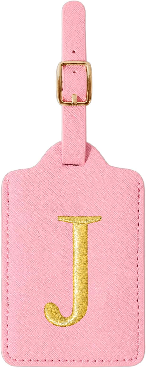 Personalized Initial Luggage Tags for Suitcase, Pink Leather Cute Luggage Tags with Privacy Cover Name Card, Embroidered Custom Monogrammed Luggage Tag Travel Bag Baggage Tags Gifts for Women Kids(J)