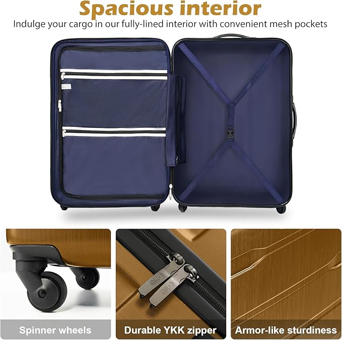 Coolife Luggage Expandable(only 28") Suitcase PC+ABS Spinner Built-In TSA lock 20in 24in 28in Carry on (Black brown, M(24in).)