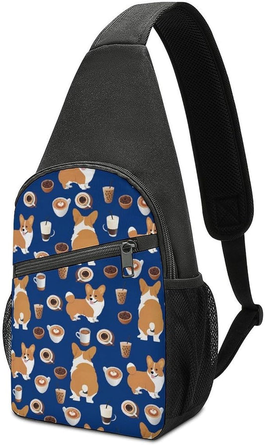 SWEET TANG Unisex Unique Chest Bag Gym Sack Fashion Sling Shoulder Backpack Outdoor Sports Daypack Shiba Inu Print Dog And Coffees, Multipurpose Adjustable Bag for Daily Use