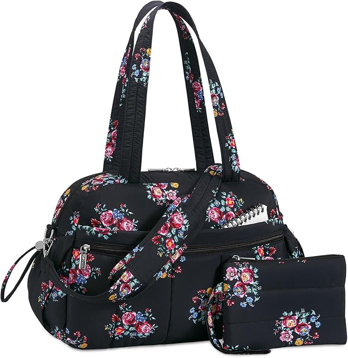 TOPDesign Travel Duffel Bag for Women, Puffer Gym Bag Sports Tote with Wet Pocket, Carry On Weekender with Luggage Sleeve (Flower)