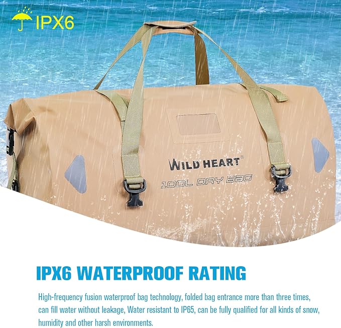 WILD HEART Waterproof Motorcycle Duffel Bag PVC500D Double-bottom With Rope Straps and Inner Pocket 40L 66L 100L for Kayaking, Camping, Boating,Motorcycle