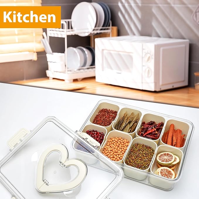 2 Pack Snackle Box Container,snack box-Divided Serving Tray with Lid and Handle with 8 Compartment,Portable Snack Serving Platters Reusable Storae Organizer for Fruits,Nuts,Candy,Party,Picnic