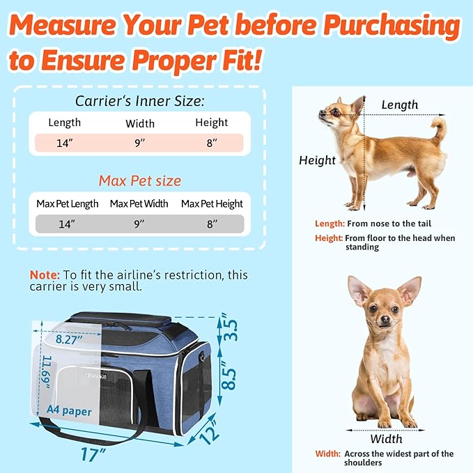 Petskd Top-Expandable Pet Carrier 17x12x8.5 Inches JetBlue Allegiant Spirit Airline Approved, Soft-Sided Carrier for Small Cats and Dogs with Locking Safety Zippers and Anti-Scratch Mesh(Blue)