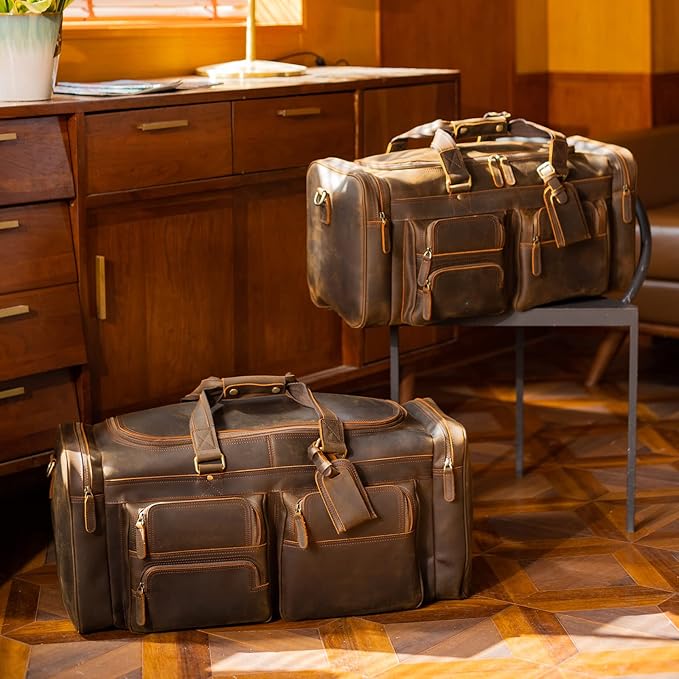 Polare 26" Leather Duffel Weekender Travel Bag For Men With Full Grain Cowhide Leather 56L