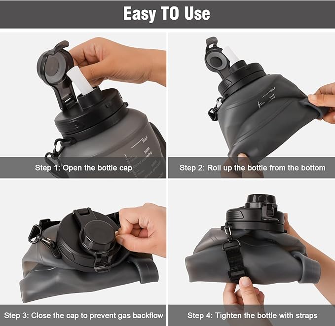 Collapsible Water Bottles, 2L/64OZ travel water bottle Bottle with Straw, Half Gallon Large Water Bottle for Travel Outdoor Sports Runing Fitness Yoga (Upgraded black)