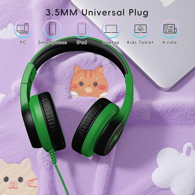 Kids Headphones, Wired Headphones for Kids Over Ear with Microphone, 85/94dB Volume Limiter Headphone for Girls Boys, Foldable Headphone for Learning & Entertainment, Black and Green