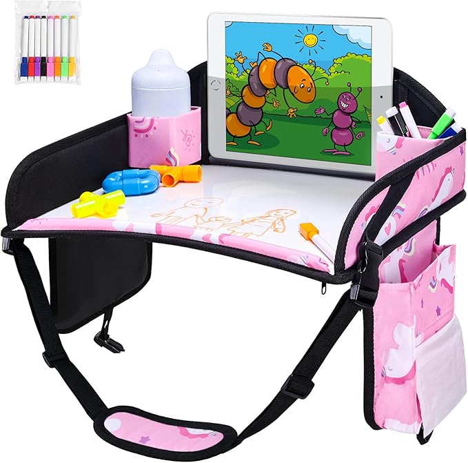 WENRENER 3PCS Kids Travel Tray for Airplane - Toddler Car Seat Table Tray, Road Trip Essentials for Boys & Girls, Carseat Lap Desk for Kids Road Trip Activities (Pink/Green-/Purple)