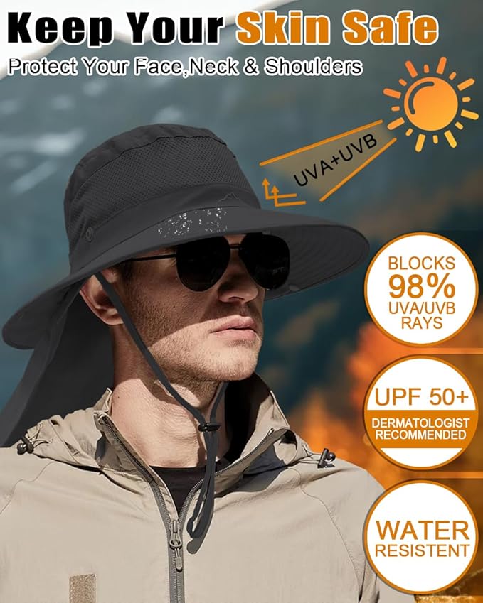 Outdoor Sun Hats with Stowable Neck Flap for Men Women UPF 50+ Mesh Summer Bucket Hat Wide Brim for Fishing Safari Hiking