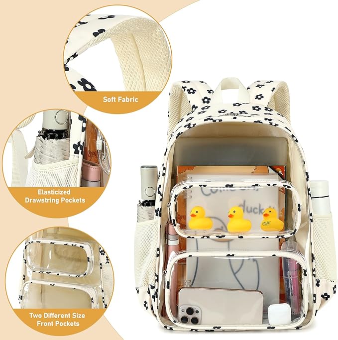 CAMTOP Clear Backpack Heavy Duty Transparent Bag See Through BookBag for Student School Work Festival Sport Travel (Beige Balck Flower)