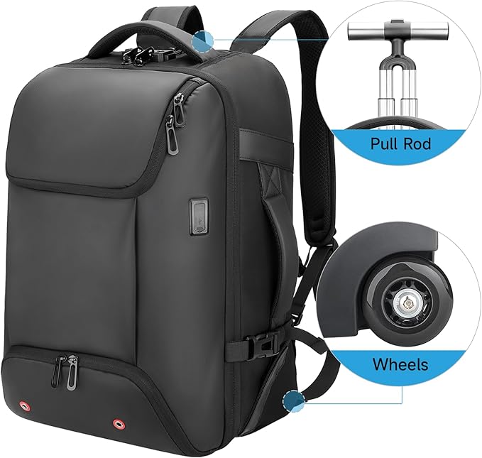 Carry On Backpack,17.3" Travel Backpack with Shoe Compartment,50L Wheeled Backpack Carry On Luggage,Laptop Compartment & USB Charging Port & TSA Approved Lock for Business,Black