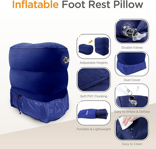 HOMCA Inflatable Travel Foot Rest Pillow (2-Pack) Adjustable Height Leg Pillow Fast Inflating Airplane Bed for Toddlers Footrest Pillow for Office, Airplane, Train, Cars, Home (Grey)