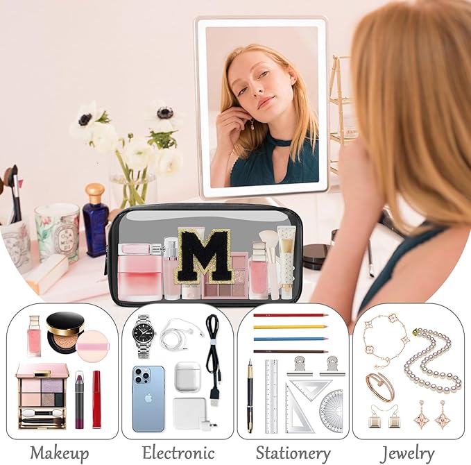Personalized Initial Letter Clear Makeup Bag,Preppy Small Nylon&PVC Cosmetic Zipper Bag with Chenille Letter,Travel Skincare Toiletry Bag,Monogram Christmas Gift for Teen Girls Women,M