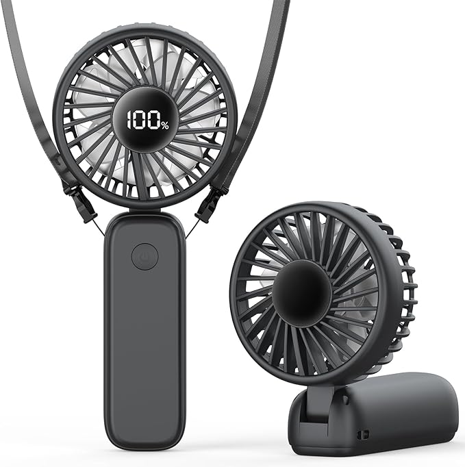 PANERGY Portable Handheld Fan, 5000mAh Rechargeable, 14H Max Cooling Time, 4 Gear Wind & LED Display, 90° Foldable Design, 3-IN-1 Mini Fan for Travel Working Concerts Makeup - Black
