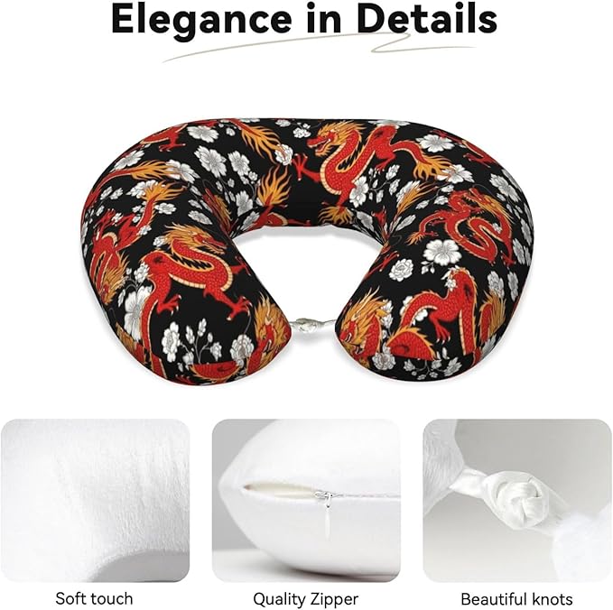 Neck Travel Pillow, Women Men Washable Airplane Car Pillows Japanese Chinese Dragon Flower Black Floral, Head Support Rest U Shaped Cushion Comfortable for Watching TV