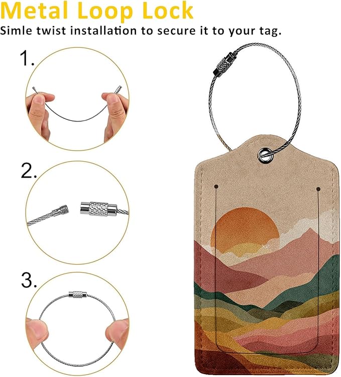 Boho Sun Mountains 3 Pack Luggage Tags, PU Leather Luggage Tags for Suitcase,Name ID Labels with Privacy Cover Suitcases and Metal Loop for Travel Bag Suitcase