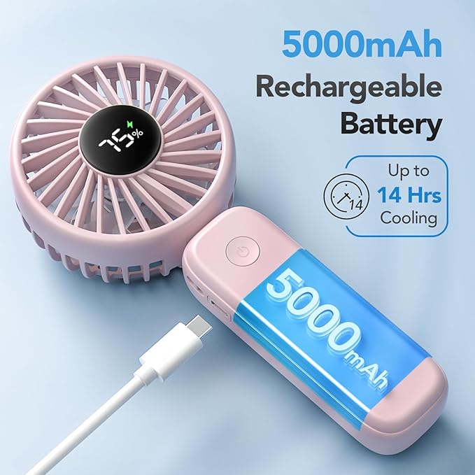 PANERGY Portable Handheld Fan, 5000mAh Rechargeable, 14H Max Cooling Time, 4 Gear Wind & LED Display, 90° Foldable Design, 3-IN-1 Mini Fan for Travel Working Concerts Makeup - Pink