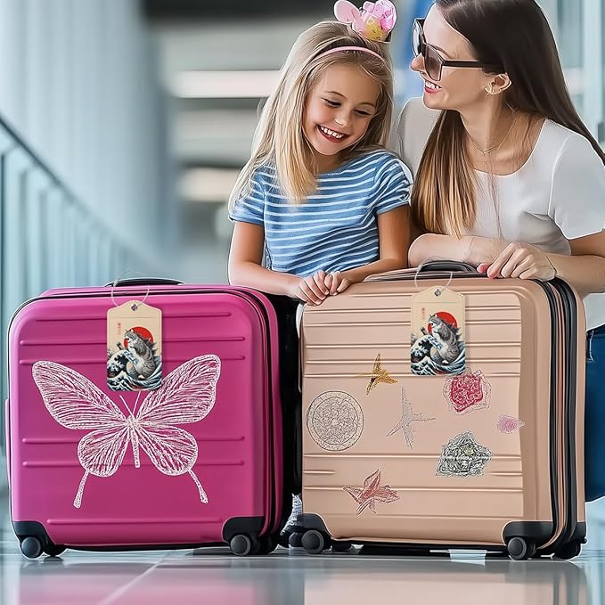 Funny Japanese Cat Luggage Tag, Suitcase Tags with Privacy Flap and Metal Loop, Luggage Tags for Suitcases, Identifiers Travel Essentials Bag Tag, Cat Lovers Gifts for Women Girls Friends