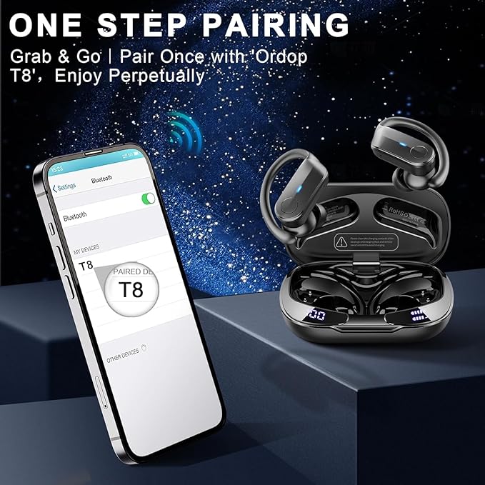 Wireless Earbuds, Sports Bluetooth 5.4 Headphones IPX8 Waterproof, 70H Over Ear Buds with Deep Bass Sound,4 ENC Noise Cancelling Mics, USB-C Fast Charging Earphones with Earhooks for Workout/Running