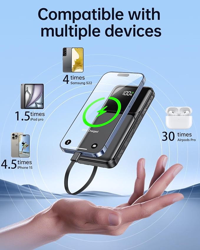 Portable Charger with Built in Cable -20000mAh Fast Charging Power Bank USB C Slim 22.5W LED Display Battery Pack 5 Outputs & 3 Inputs for Travel Essentials iPhone Samsung Phones Black
