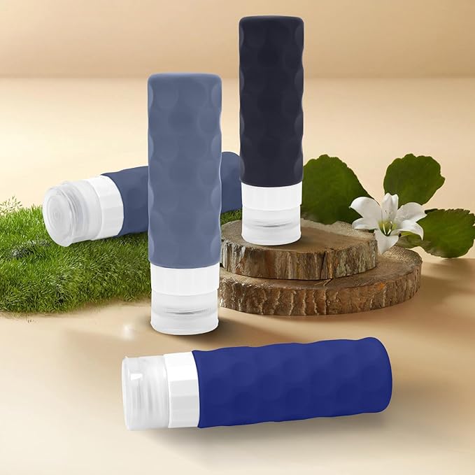 Travel Bottles for Toiletries, 4pcs Tsa Approved 3oz Travel Size Containers, BPA Free Leak Proof Premium Silicone Bottles, Refillable Liquid Squeezable Accessories W/Toiletry Bag (Blue)