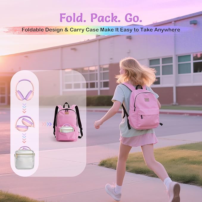 Noise Cancelling Headphones for Kids,Colorful RGB LED Lights, 60H Playtime, Bluetooth 5.4 Wireless Over-Ear Headset Built-in Microphone for Home/School/Party- Includes Portable Case(Pink)