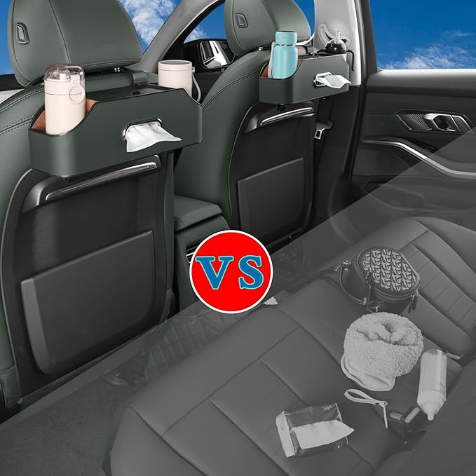 HOLDCY Car Back Seat Organizer with 2 Drink Cup Holder - Tissue Box and Storage Box Hook - Multi-functional Storage - Great for Kids and Travel (Green)