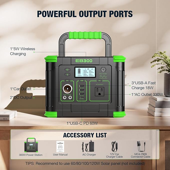 300W Portable Power Station, 288.6Wh Solar Generator 600W Peak Solar Generator with PD 60W USB-C, 5W Wireless Charger & SOS LED Light for Camping, RV Travel, Home Emergency & Outdoor Adventures