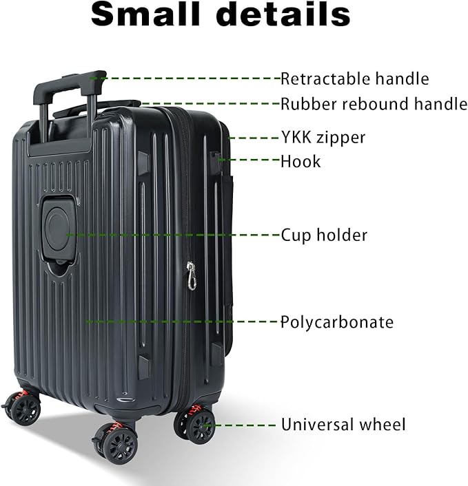 20 inch Carry on Luggage 22x14x9 Airline Approved, Hard Shell Carry on Suitcases with Wheels, Top-open Design Luggage with Spinner wheels, Expandable Suitcase with Bottle/Cup Holder and Side Hooker.