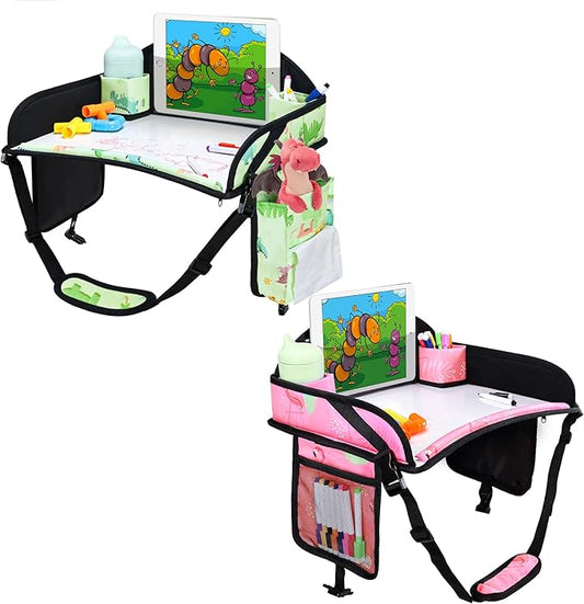 WENRENER 2PCS Kids Travel Tray, Car Seat Tray for kids Travel, Toddler Road Trip Essentials With Drawing Kit, Toddler Lap Desk Organizer for Car, Carseat Table for Airplane