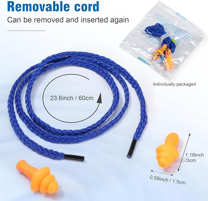 Tondiamo 210 Pairs Corded Ear Plugs Reusable Silicone Earplugs Individually Wrapped Hearing Protection Sleeping Noise Cancelling Earplugs for Work Construction Shooting Sports Noise Reduction
