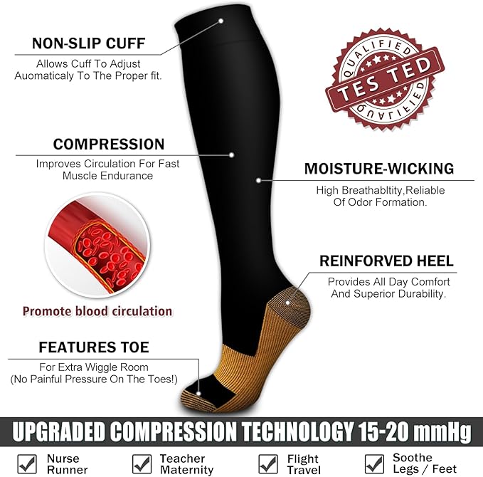 Bluemaple 6 Pack Copper Compression Socks for Women and Men Circulation-Best Support for Medical, Running,Nursing,Athletic