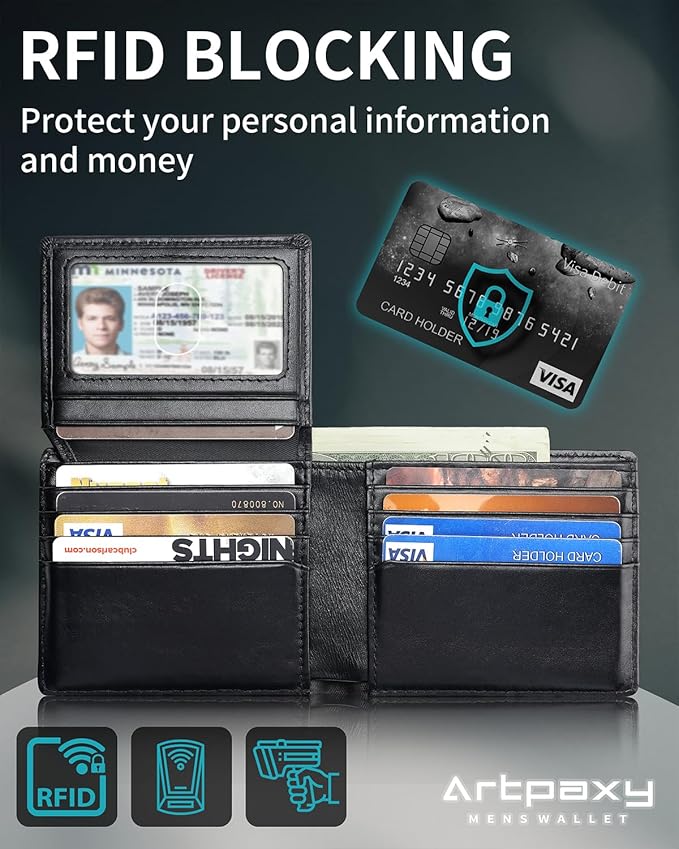 Mens Wallet With AirTag Holder, Bifold Leather RFID Blocking 1-2 ID Windows 12-13 Card Holders, Gift Box and Screen Protector Included, AirTag Not Included