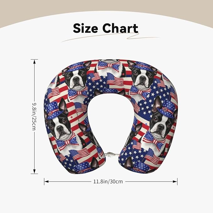 Memory Foam Airplane Pillow American Flag Boston Terrier for Car Chin Head Neck Supporting, U Shape Pillows Travel Cushion for Office, Nap Sleeping