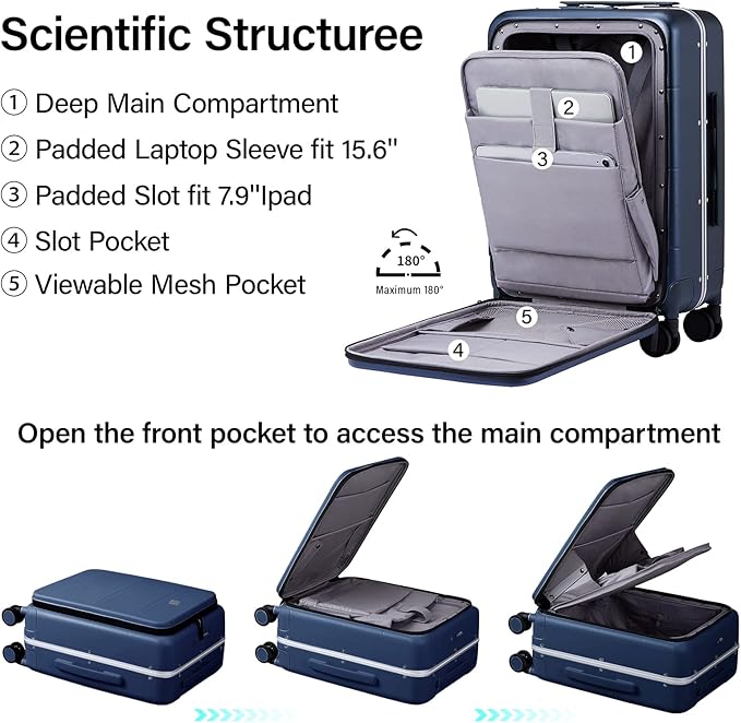 MILADA Carry On Luggage 22x14x9 Airline Approved Spinner Wheels TSA Luggage 20 Inch Hard Shell Suitcases Front Opening Pocket Rolling Aluminum Frame Travel Luggage,Dark Blue
