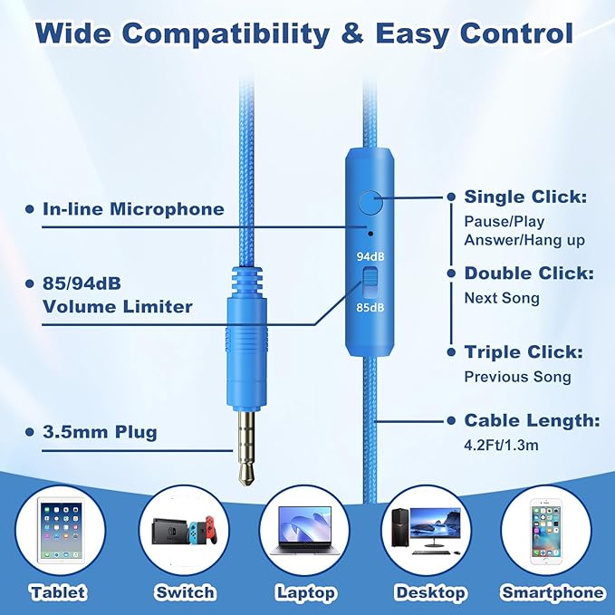 Kids Headphones with Cord & Mic for School Class Airplane Travel, 85/94dB Volume Limit Over Ear Earphones for Boys Girls Teens, Wired Foldable Headset for iPad Tablet Kindle Laptop PC Blue