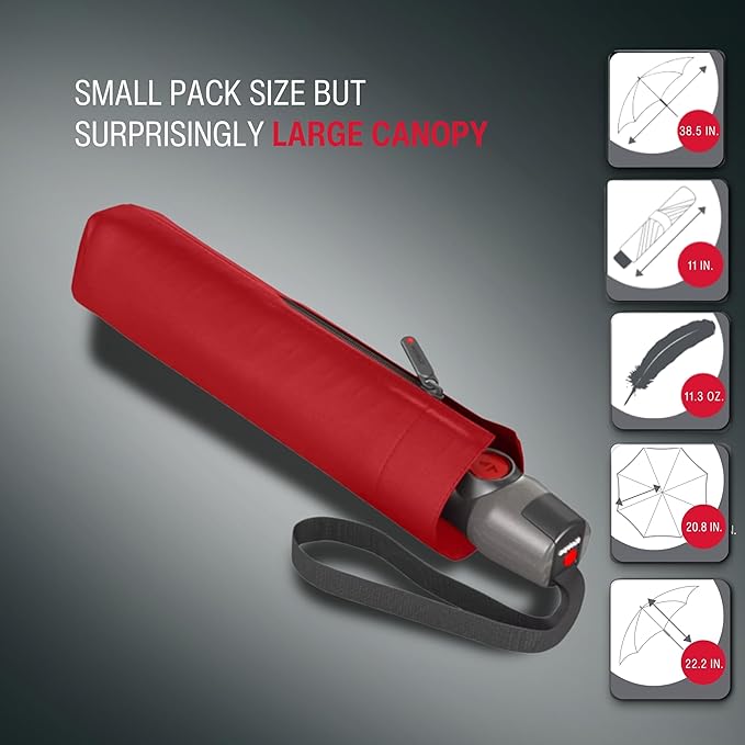 Knirps T.200 Duomatic Compact Rain Umbrella in Red– Wind Tunnel Tested to 93 mph, Aluminum Steel Fiberglass Frame, 38in Canopy, OEKO-TEX, High-Performance Automatic Travel Umbrellas