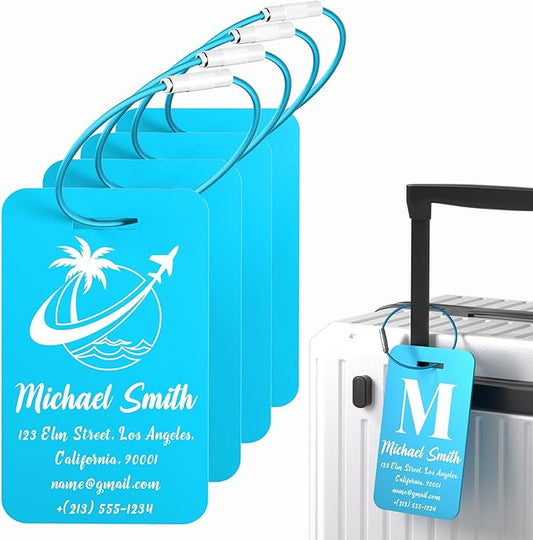 4 PCS Personalized Luggage Tags for Suitcase, Custom Engraved Aluminum Luggage Tags with Your Personalized Text Logo, Metal Name Tags with Steel Loop for Bag, Suitcase, Backpack (Lake Blue, Large)