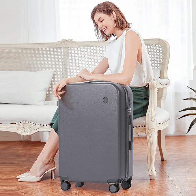 mixi Luggage Suitcase with Spinner Wheels, Hardside Rolling Suitcase PC with Cover & TSA Lock Lightweight Travel Case 24in Checked in, Rock Gray