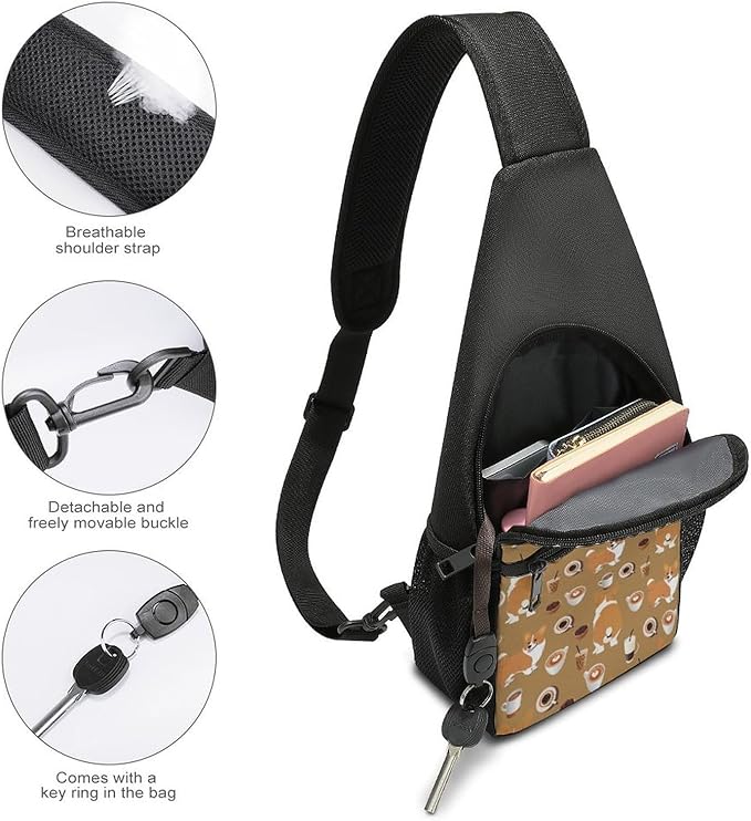 SWEET TANG Men's Crossbody Bags, Casual Daypacks Shiba Inu Coffee Print Dog And Coffees for Cycling and Travel, Fashion Sling Shoulder Backpack Square Rucksack with Small Pocket for Key Purse