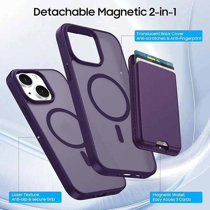 Ntwinro Magnetic for iPhone 13 & iPhone 14 Case (Compatible with MagSafe) with Detachable Wallet & Card Holder for 3 Cards [RFID Blocking] Military Grade Protective Slim Phone Cover, Purple