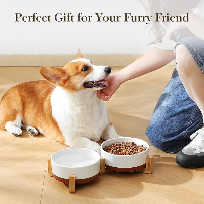 MALACASA Ceramic Dog Bowls, Dog Bowls for Medium Sized Dogs with Wood Stand - Pet Food & Water Bowl Set for Cat Medium Dogs, Weighted Glaze Matte.34 OZ (M-3.5 Cups)