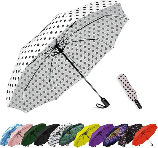 SIEPASA Windproof Travel Compact Umbrella-Automatic Umbrellas for Rain- Small Portable Windproof Umbrellas for Men Women Teenage. (White Polka Dots)