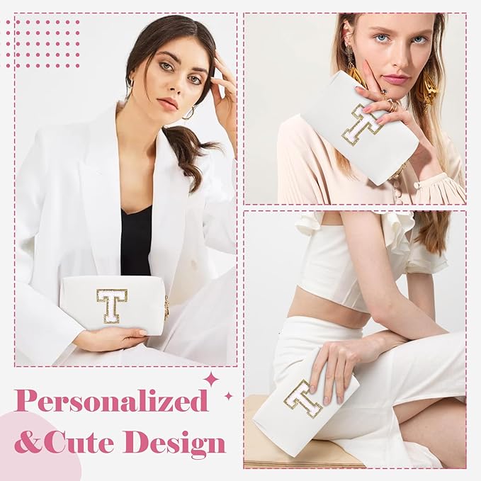 Small Personalized Initial A-Z Preppy Patch Makeup Bag,White PU Chenille Letter Travel Cosmetic Pouch with Zipper,Cute Toiletry Bag,Gift Ideal for Teen Girls Women Teacher Bridesmaid,Letter T