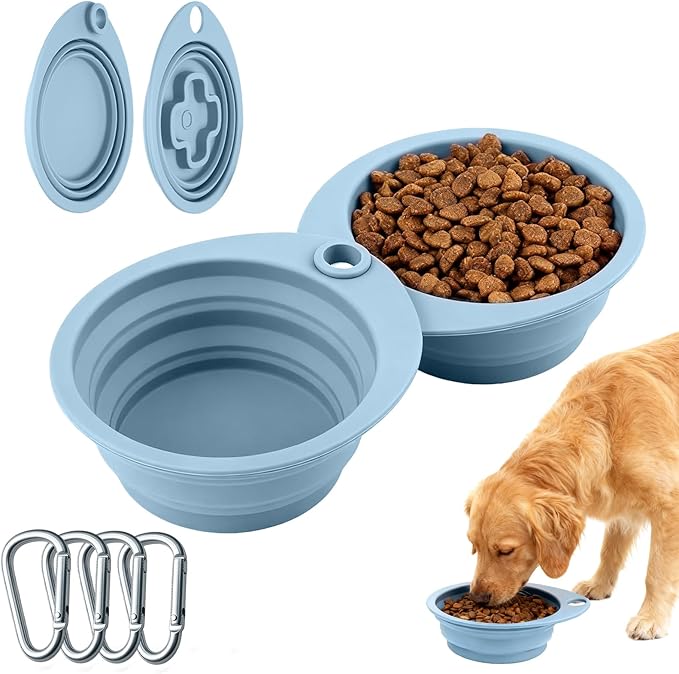 2-Pack Silicone Collapsible Dog Bowls with 4 Carabiners, Food-Grade Portable Pet Travel Bowls for Dogs & Cats, Foldable Water Feeder for Outdoor, Hiking, Camping(Blue)