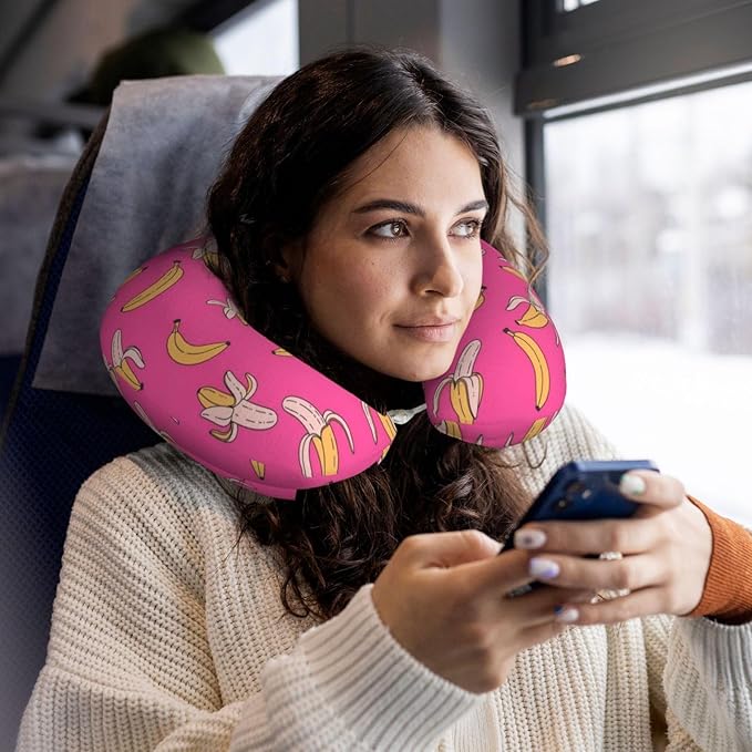 Neck Travel Pillow, Women Men Washable Airplane Car Pillows Hawaiian Banana Pink, Head Support Rest U Shaped Cushion Comfortable for Watching TV