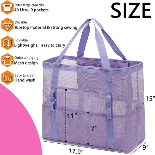 Mesh Beach Bag, Large Beach Tote with Zipper Pocket for Family Pool Bag for Toys & Vacation Essentials