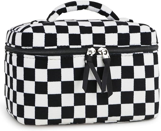 Prite Corduroy Large Travel Quilted Makeup Bag for Women Floral Cotton Cosmetic Bag Coquette Aesthetic Floral Toiletry Organizer Bag(Dark Checkerboard)