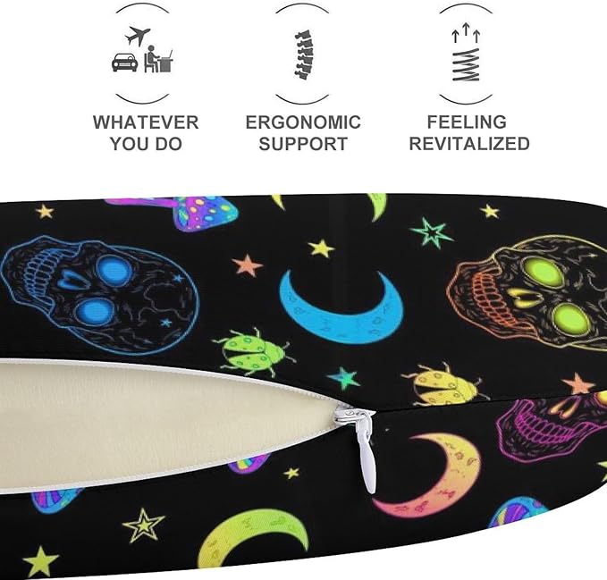 Pain Relief Travel Pillow Memory Foam Chin Support Goth Moon Mushrooms and Human Skulls, Breathable Washable Cover for Airplane Car Office