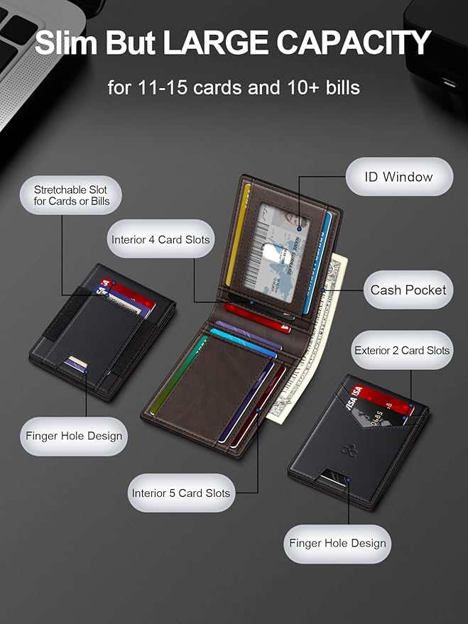 Wallet for Men Slim Leather Wallets for 13-17 Cards, RFID Blocking Thin Card Holder Wallet with ID Window & Large Capacity Cash Slot, Minimalist Bifold Small Wallet for Front Pocket, Gift for Men