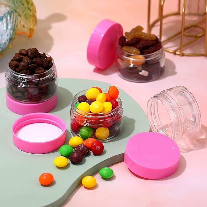 SATINIOR 12 Pack 1 oz Plastic Container Jars with Lids Round Clear Travel Cosmetic Container Slime Jars for Toiletries, Lotion, Cream, Ointments, Makeup, Rhinestone, Samples, Kitchen Storage(Pink)